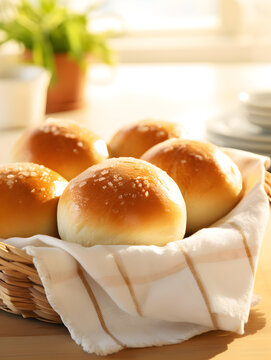 Close up of fresh baked dinner roll buns on a table, blurry bright background