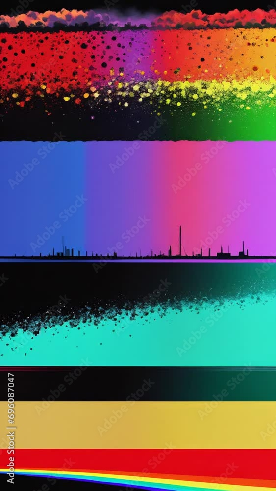 Aufkleber abstract video with a silhouette of a cityscape against a background of colored stripes separated by