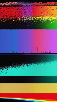 abstract video with a silhouette of a cityscape against a background of colored stripes separated by a black line. Colors change from warm to cool, creating a visual gradient, vertical