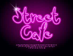 Vector Neon Signboard Street Cafe. Funny Glowing Font. Trendy Electric Alphabet Letters and Numbers set.