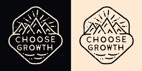 Choose growth lettering. Personal development retro vintage badge. Growth concept mountains outline logo minimalist illustration. Trail running and hiking quotes for t-shirt design and print vector.