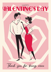 Valentine's Day retro greeting card, poster in style of 60s - 70s. Hand drawn Valentine's day people characters. Isolated vector illustration of flirting couple. 
