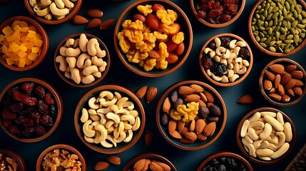 Mix of nuts and dried fruits in bowls on dark blue background.