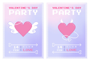 Modern y2k pixel design Valentine's Day party invitation and poster set. Trendy aesthetic minimalist vector illustrations with angel and demon hearts, gradient and typography.