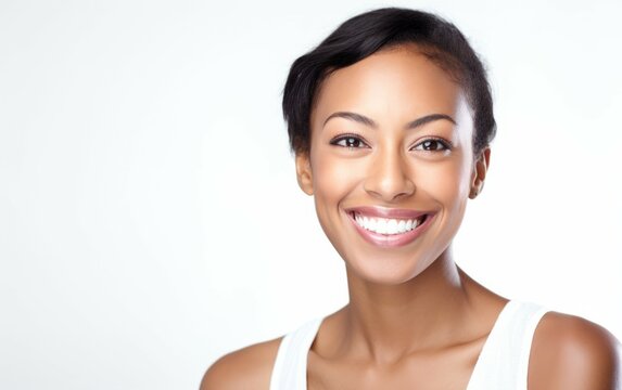 Close up photography perfect beauty face of happy young beautiful black woman face and positivity with short hair. skin copy space for your advertisement, Facial skincare concept. Generative ai