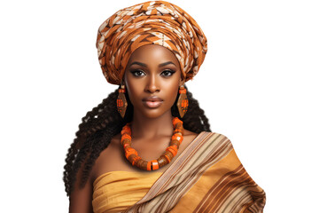 young african american woman wearing traditional dress for kwanzaa festival celebration, on...