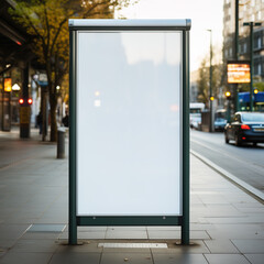 Blank advertising billboard on a city sidewalk, ready for branding with a clear urban background
