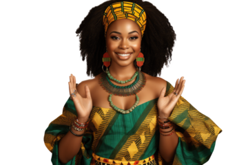 young african american woman wearing traditional dress for kwanzaa festival celebration, on transparent background