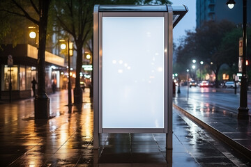 A modern bus stop with an empty ad panel on a rainy city street at dusk, with diffused city lights.
