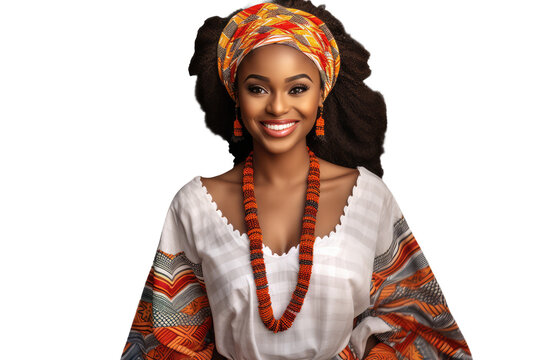 young african american woman wearing traditional dress for kwanzaa festival celebration, on transparent background