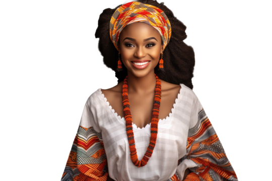young african american woman wearing traditional dress for kwanzaa festival celebration, on transparent background