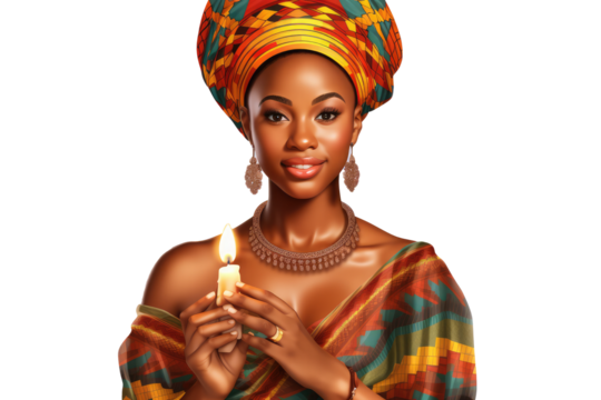 young african american woman wearing traditional dress for kwanzaa festival celebration, on transparent background