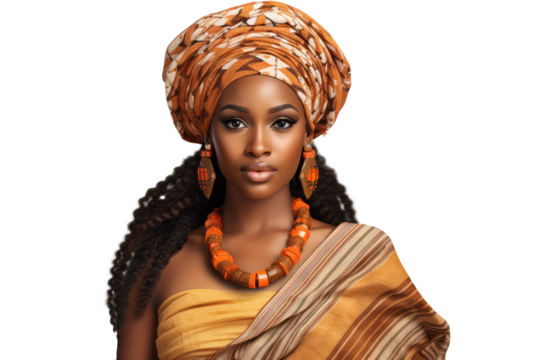 young african american woman wearing traditional dress for kwanzaa festival celebration, on transparent background