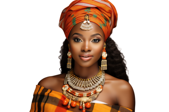 young african american woman wearing traditional dress for kwanzaa festival celebration, on transparent background