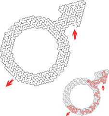 Labyrinth inside the shape of international male gender sign. Mens symbol maze with solution. Creative and original flat puzzle design. Vector illustration
