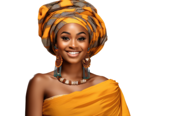 young african american woman wearing traditional dress for kwanzaa festival celebration, on transparent background