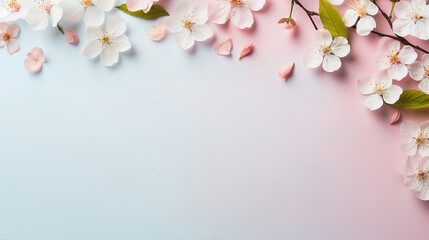 Obraz na płótnie Canvas Flat lay of spring flowers on blue background with copy space