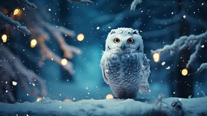 Magic owl in  the winter forest. It is snowing