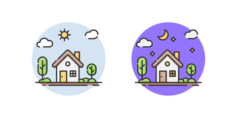 House in different times of day. Good morning, good night, Flat style vector vector.