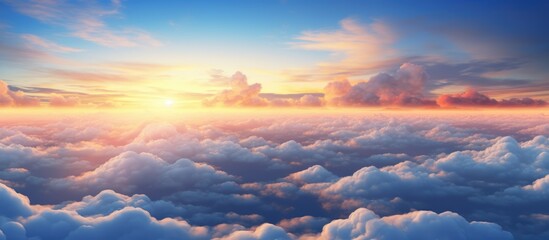 panorama Beautiful sunset sky above the clouds. Aerial view - obrazy, fototapety, plakaty