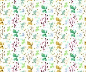 Fall Butterflies and Floral on White Seamless Pattern