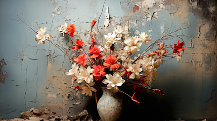 A bouquet of flowers in an old ceramic vase on a blue-gray concrete background with worn and cracked paint with copy space. Floral banner, poster, background.