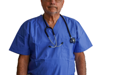 Upper portion on mail body wearing blue scrub shirt and a stethoscope around his neck on a white background