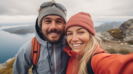 Joyful Couple, High On The Summit, Capturing Memories With A Smartphone Snapshot. Young Hikers. Generative AI - obrazy, fototapety, plakaty