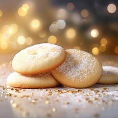 Close-up shot of sugar cookies with soft lights in background, generative ai