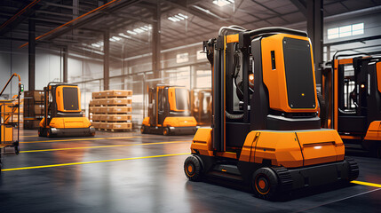Forklift in the big warehouse. Concept of warehouse.Warehouse concept. Forklift in a large warehouse on a blurred background.