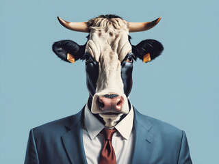 Cow, head and in business suit or worker on surrealism or management