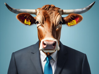 Cow, head and in business suit or worker on surrealism or management