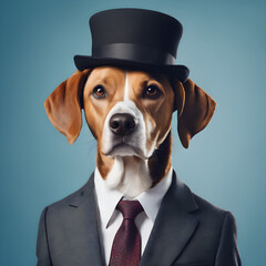 Dog, head and in business suit or worker on surrealism or management