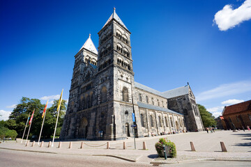 Romanesque style Saint Lawrence Lund Cathedral, Sweden - obrazy, fototapety, plakaty