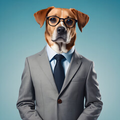 Dog, head and in business suit or worker on surrealism or management