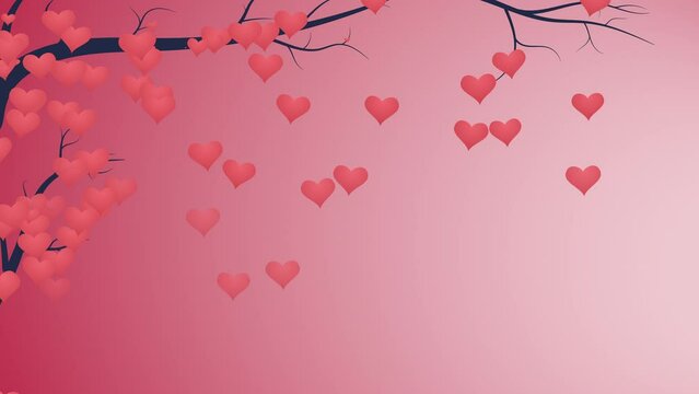Valentines day and love animation, Falling hearts from tree, shiny and glitter hearts, glowing particles, valentine and marriage concept, dark red gradient background