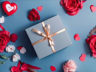 
Sophisticated Love: Valentine's Day Gray Gift Box on a Blue Background