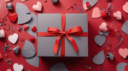 Fototapeta premium Elegant Love: Valentine's Day Small Grey Gift Box Pattern on Red