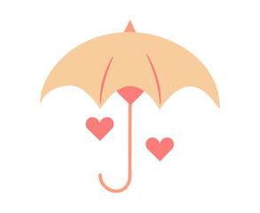 Open umbrella with heart rain. Falling heart shapes. Hide feelings. Elements of Valentine Day. Color image - pink, beige. Flat style. Vector illustration.