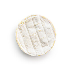 Brie type cheese with white mold. French camembert cheese isolated on white background.