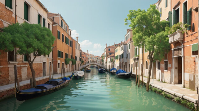 
Enchanting Waterways: Venice, Italy - A Narrow Canal with Green Trees