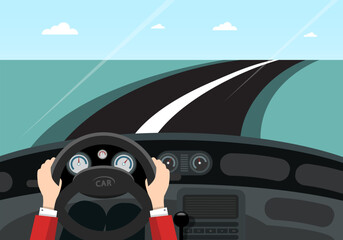 Driving car on asphalt road - inside view, vector
