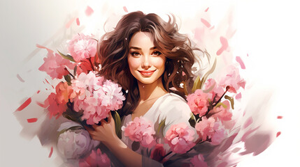 Fototapeta premium Portrait of attractive cheerful girl holding flowers