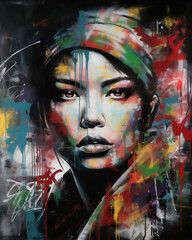 frau, schönheit, kunst, gesicht, stil, farbe, graffiti, bunt, gemälde, tuch, gestalten, person, woman, beauty, art, face, style, color, graffiti, colorful, painting, cloth, shape, person