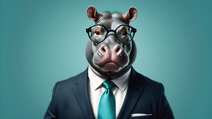Hippo wearing glasses and suit for office style or business against a teal background
