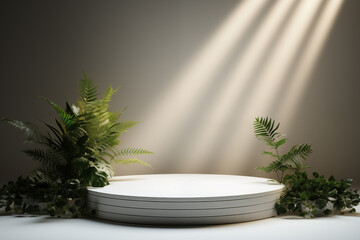 A spotlighted display podium flanked by lush ferns and foliage in a dramatic setting