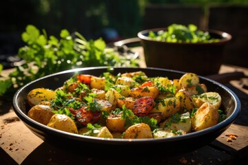 Herbal potato salad in an outdoor barbecue in a sunny yard., generative IA