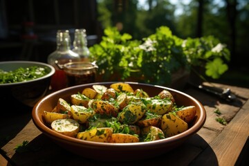 Herbal potato salad in an outdoor barbecue in a sunny yard., generative IA