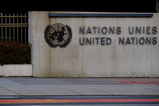 Geneva, Switzerland - December 20, 2023: The United Nations logo in front of its headquarters in Geneva.