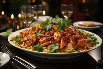 Asian chicken salad in a restaurant with oriental decoration., generative IA